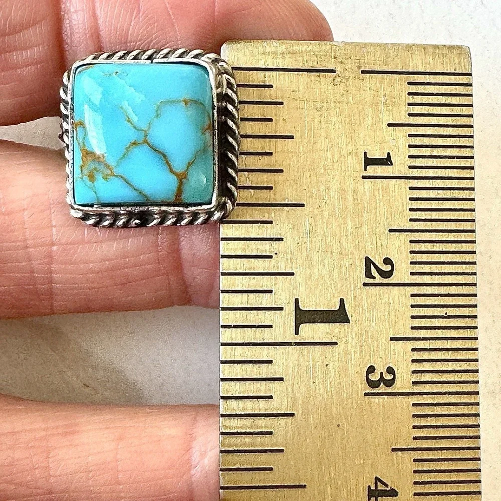Navajo Turquoise Ring Sz 9 Signed W‎ Fish Sterling Native American Square
